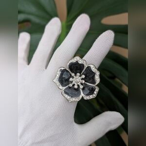 Black Floral Statement Ring Rhinestone Silver Tone |Stretch Band